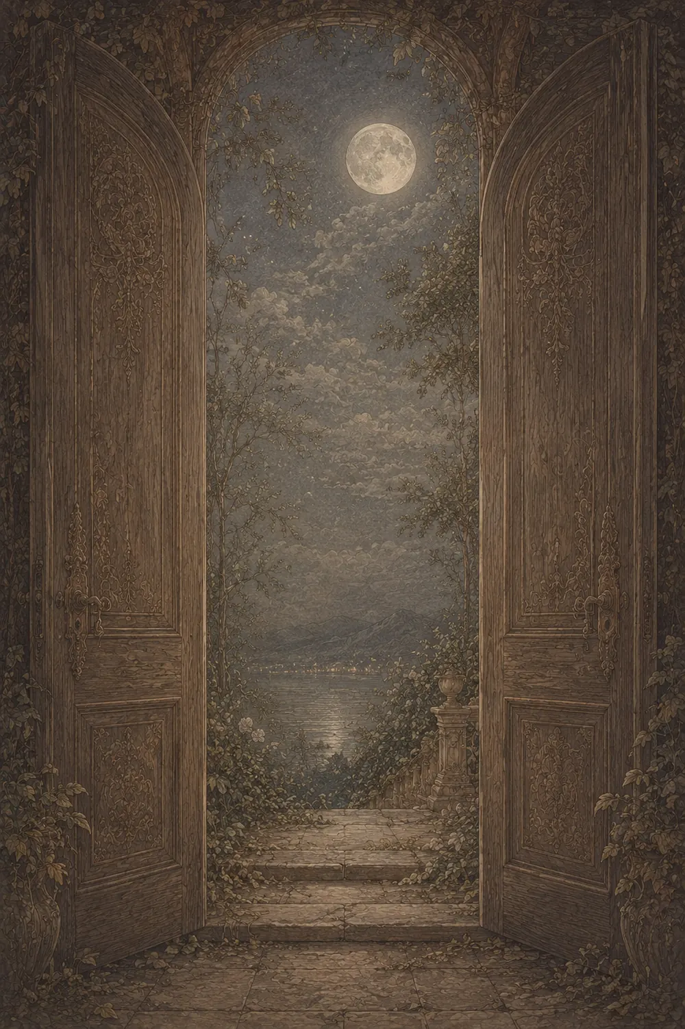 A hearth-nymph opening double doors
