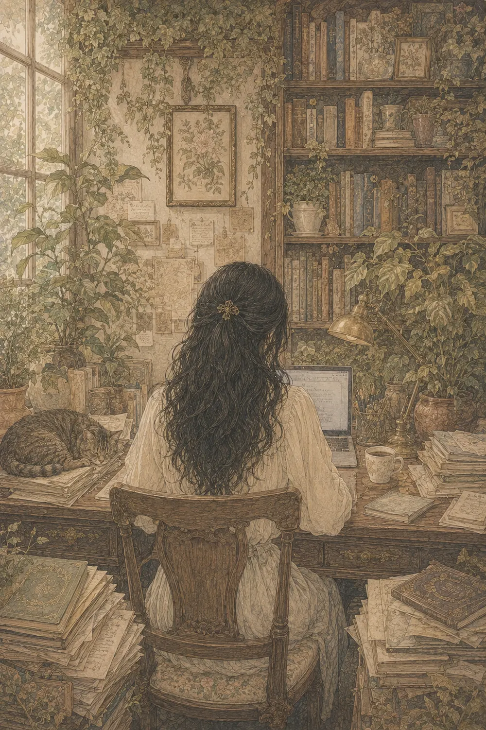 Maria at her kitchen table, laptop open, programme stubs in a shoebox